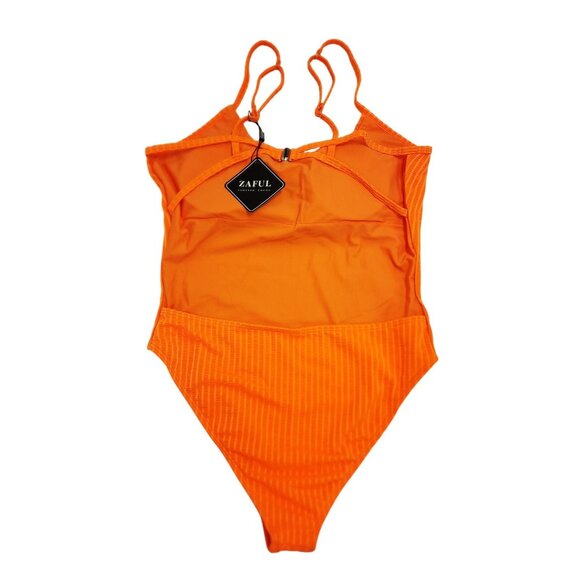 Zaful Ribbed Orange One-Piece Swimsuit With Adjustable Straps Back Zipper Size S - Picture 2 of 6